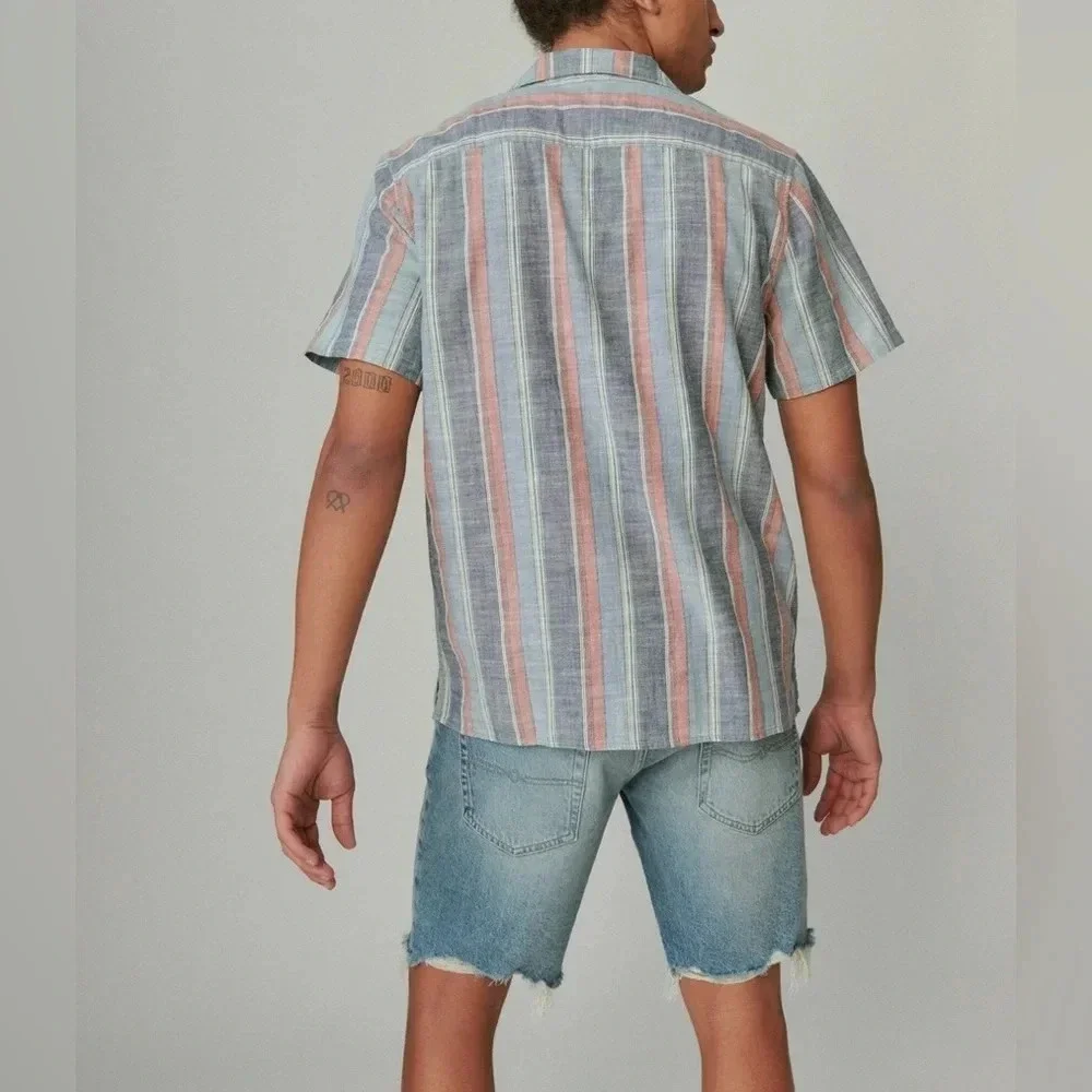 Lucky Brand Striped Short Sleeve Camp Collar Shirt - Size S - Blue/Red - NWT - Picture 2 of 12